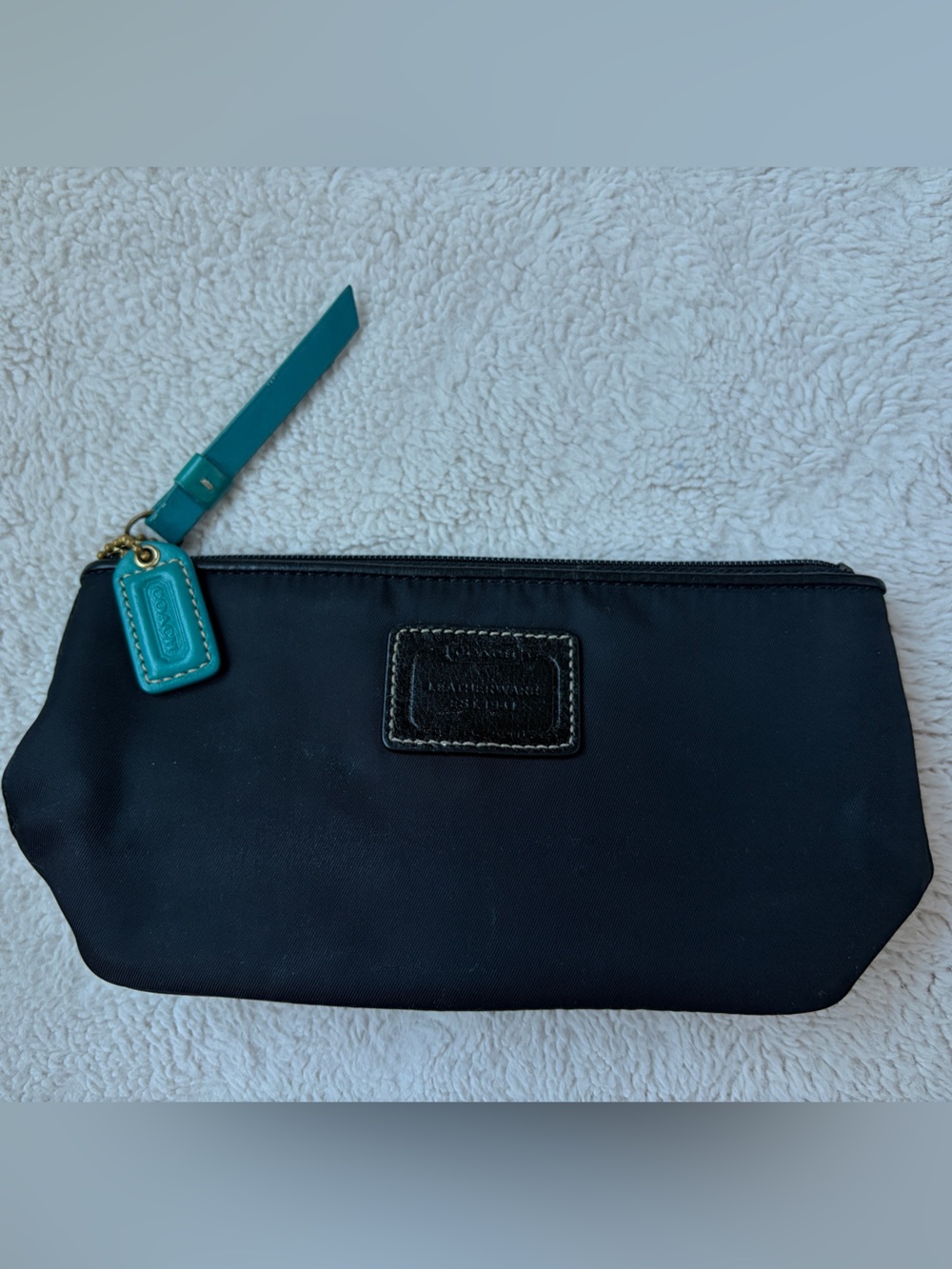 Coach Leatherwear Black Nylon Cosmetic Pouch with Teal Accent